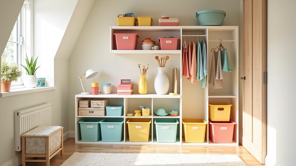 Colorful labeled storage bins arranged on children's bedroom shelves with rotation system setup