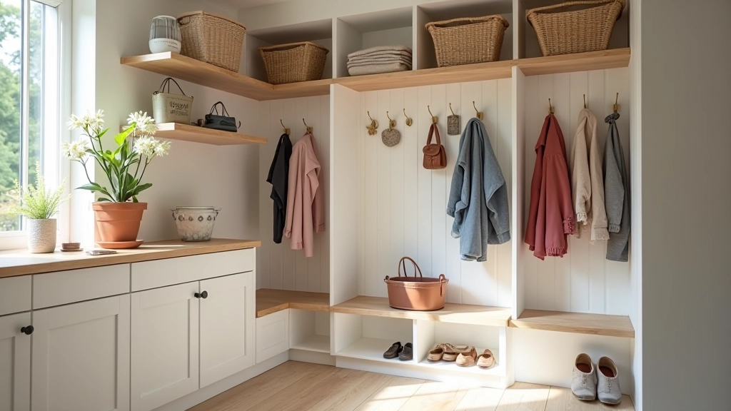 Modern organized home storage solutions with labeled bins and mudroom storage