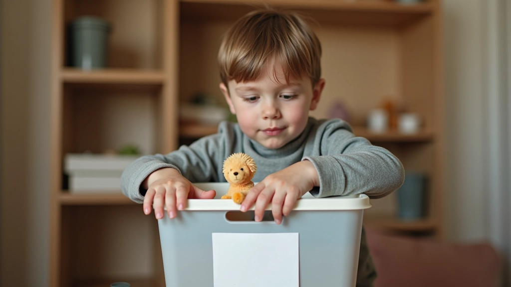 Child placing toy into labeled storage bin with smile and sense of responsibility