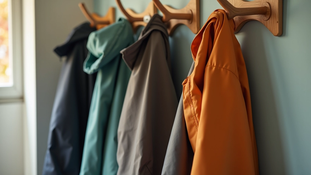 Close-up of organized mudroom hooks with waterproof coat labels and rain gear neatly arranged