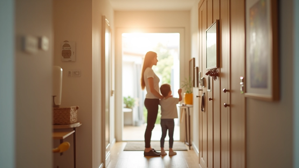 Family members checking organized wall calendar and grabbing keys from labeled hooks in a bright home entryway