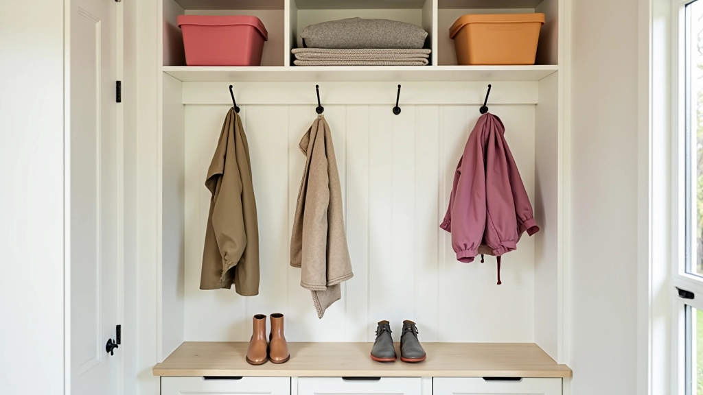 Family-friendly mudroom with adjustable hooks at different heights, individual storage cubbies for each family member
