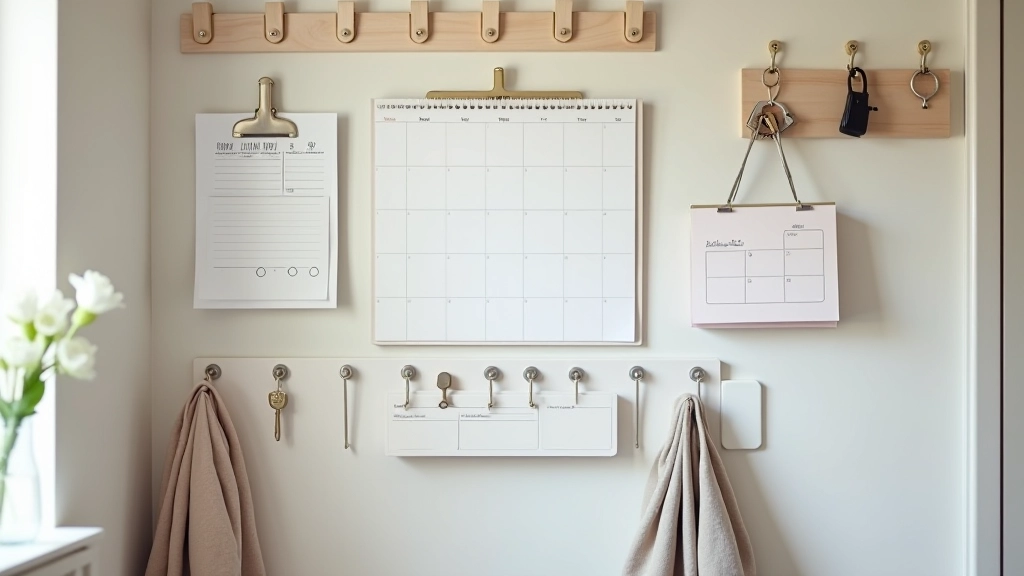 Functional family command centre wall with schedules, key hooks, and paperwork organization