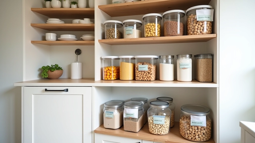 Well-organized kitchen press with maximized shelf space, clear containers, and strategic storage solutions