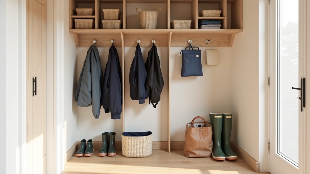 Hallway mudroom storage system with rain gear and boot organisation