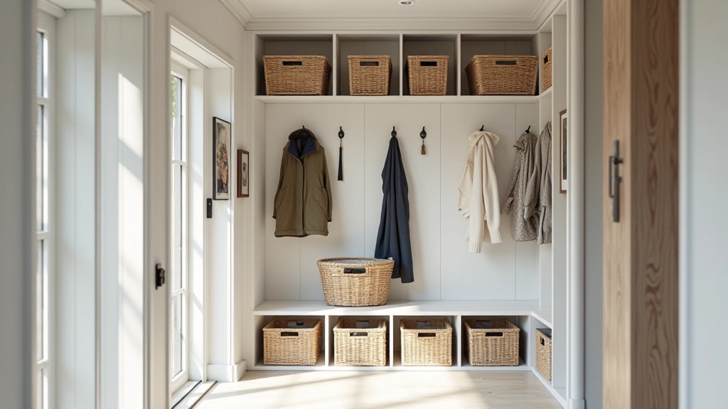 Organized hallway mudroom with weatherproof storage cubbies and coat hooks in a modern Irish home