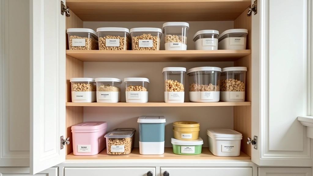 Kitchen press interior with organized zones for different food categories and color-coded labels