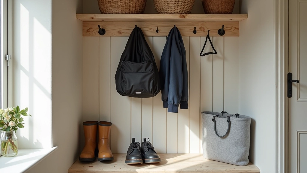 Practical mudroom design with ventilated boot storage, drip tray system, and hanging rod for drying coats